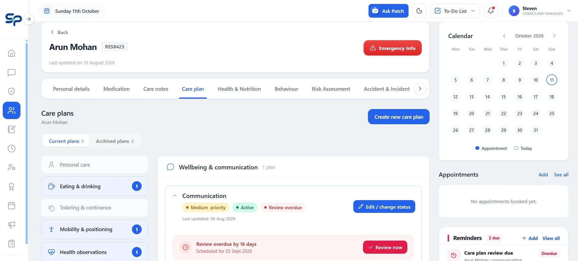 ServPatch manager dashboard showing a client’s care plans by area, with a communication plan’s review flagged as overdue, plus a calendar and reminders.