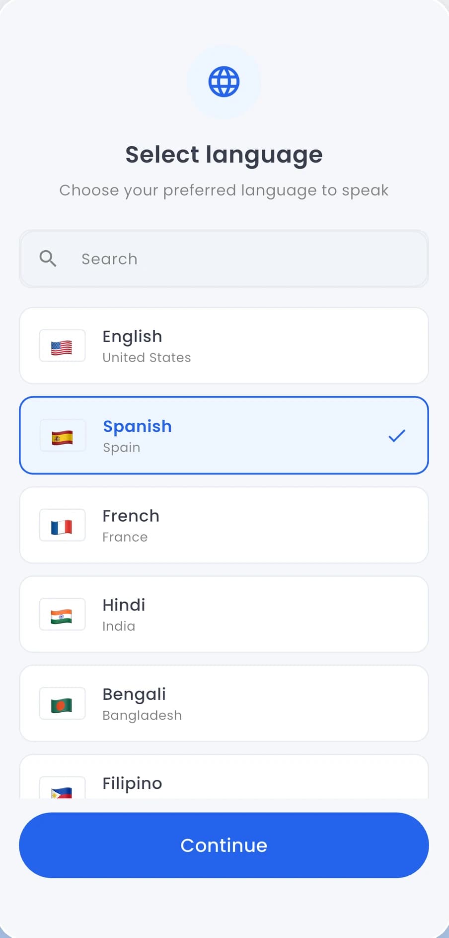 ServPatch language picker for voice notes with Spanish selected, and English, French, Hindi, Bengali and Filipino listed.