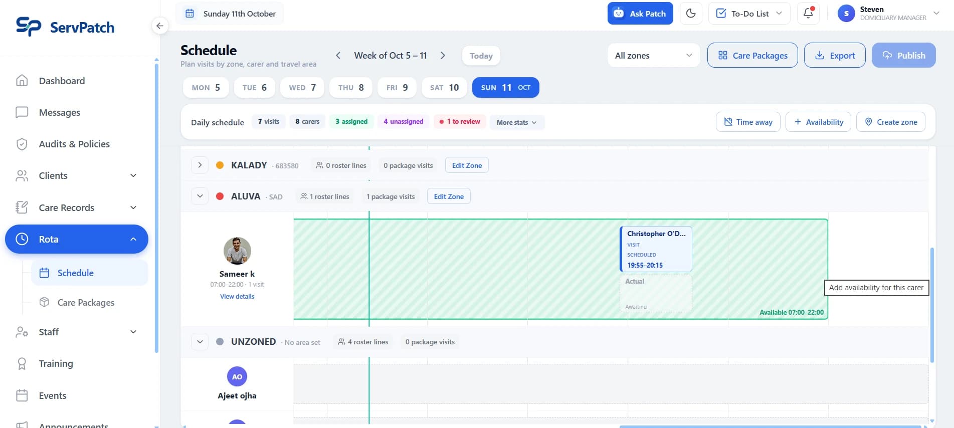 ServPatch manager dashboard Schedule: the day’s visits by zone and carer, with availability and assignment status.