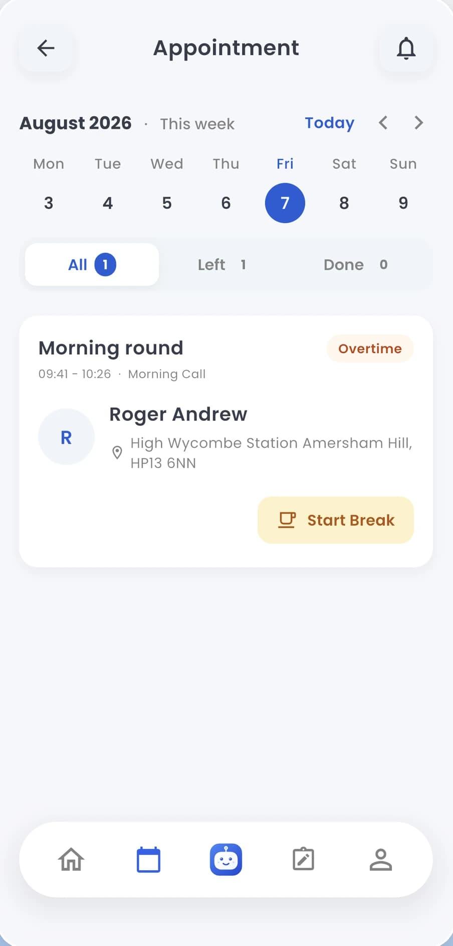 ServPatch carer app showing the week’s appointments.