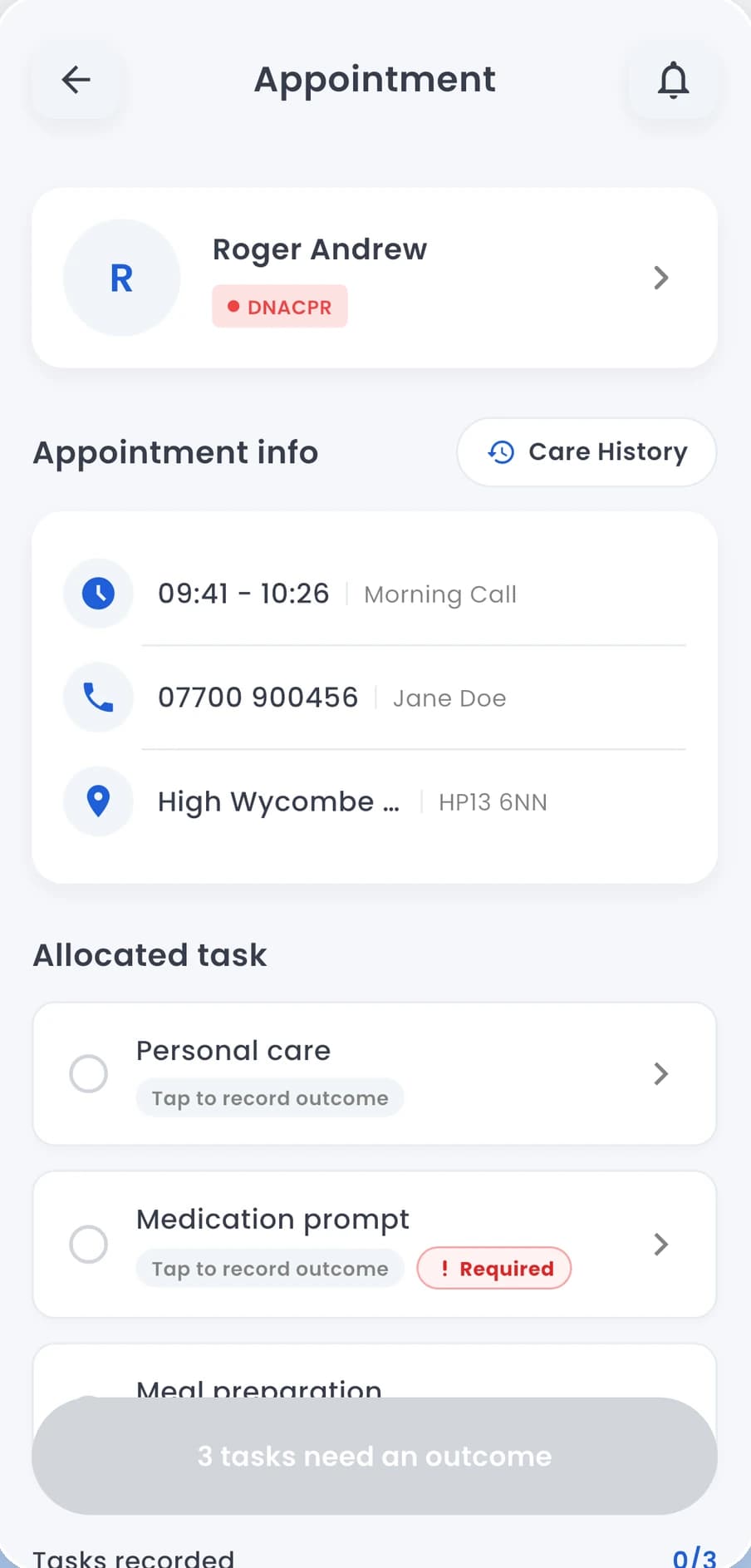 ServPatch carer app appointment screen with allocated tasks for the visit.