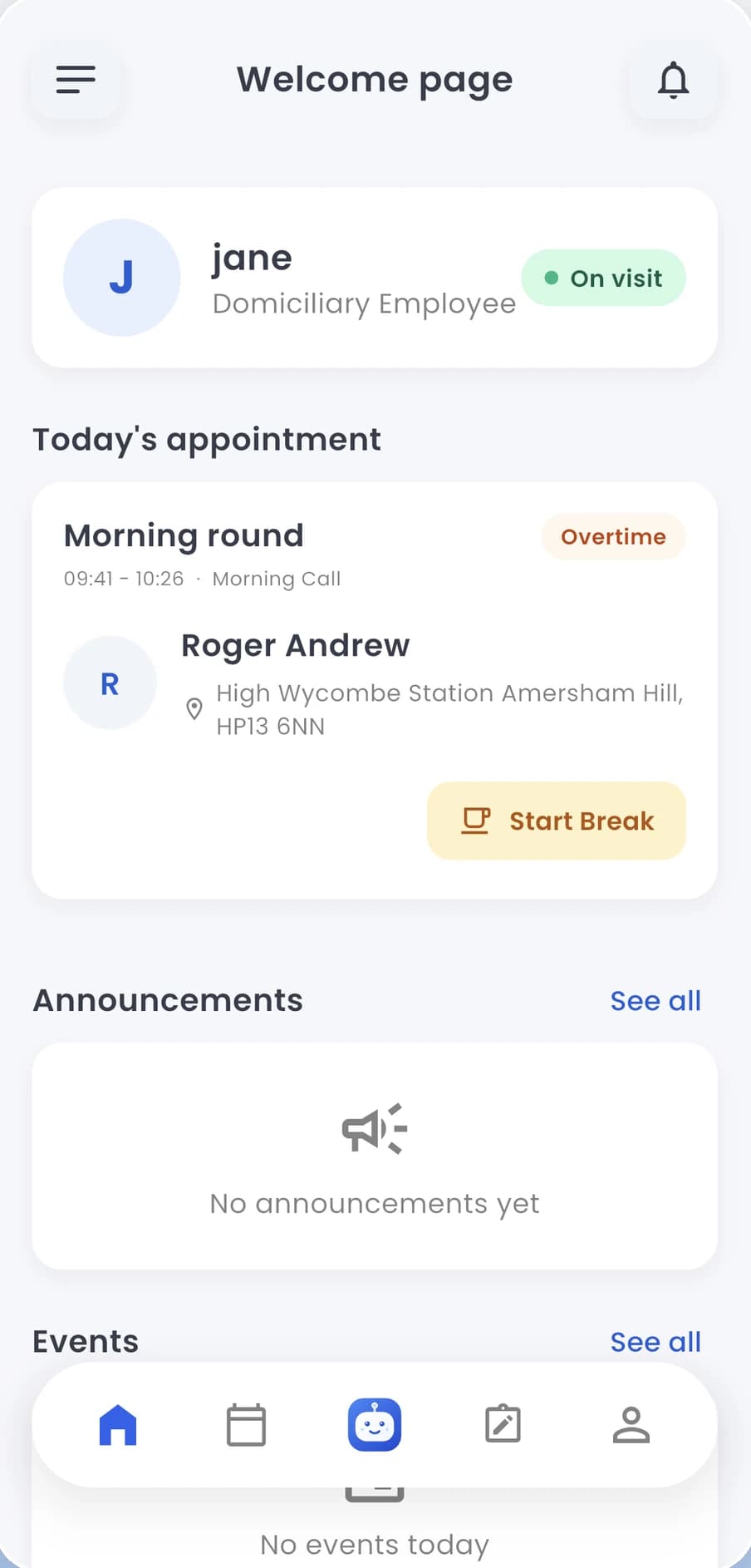 ServPatch carer app home screen with today’s appointment.