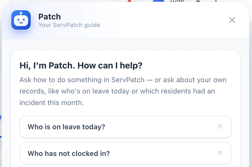 Patch assistant with suggested questions: Who is on leave today? and Who has not clocked in?