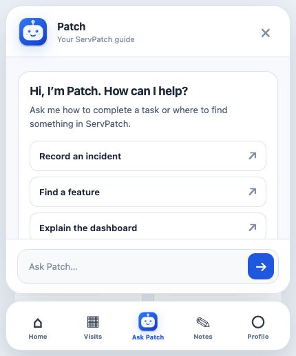 Ask Patch mobile screen with suggested questions for recording an incident, finding a feature and explaining the dashboard