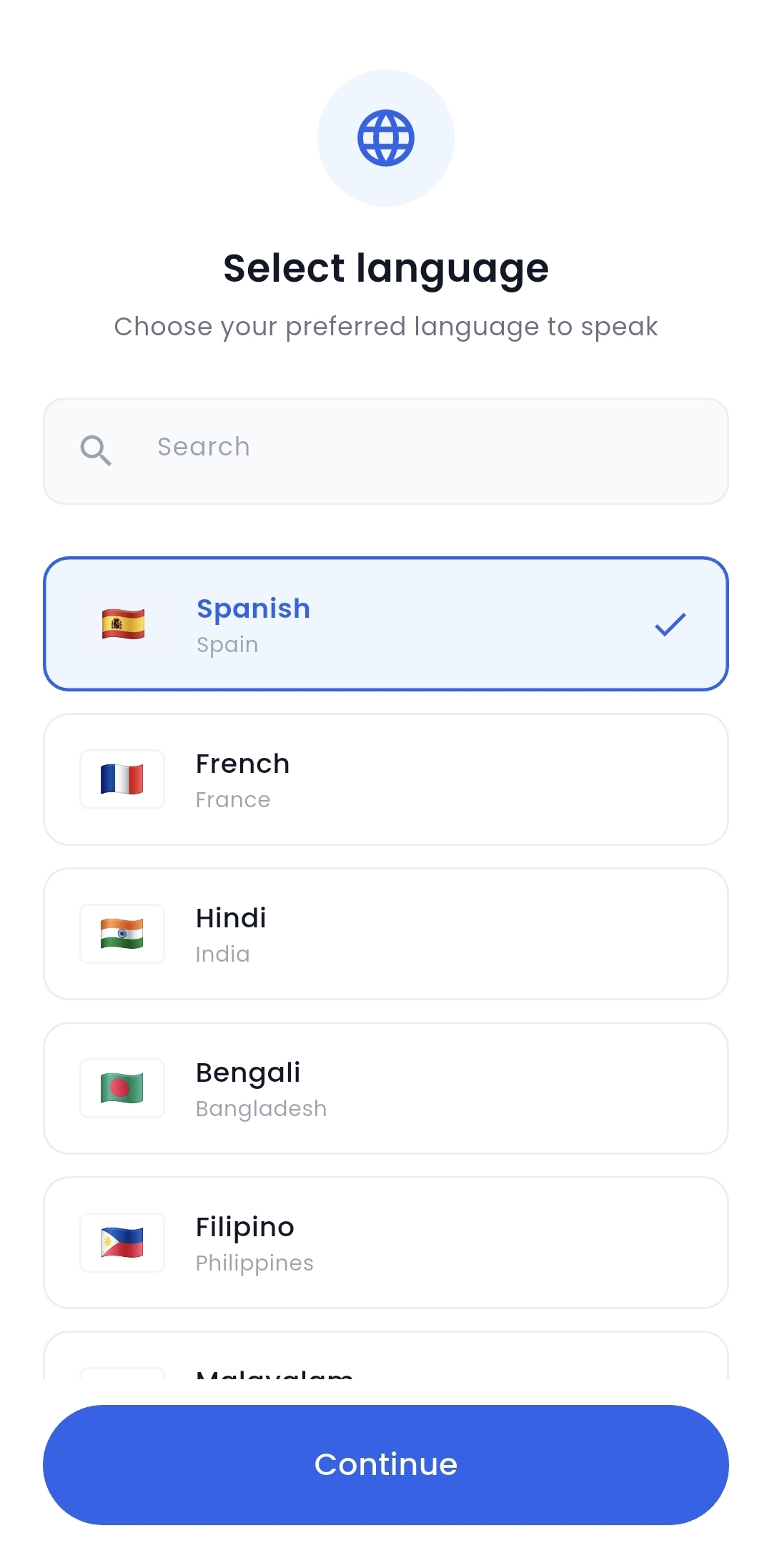 ServPatch screen for choosing a supported language before speaking a care note