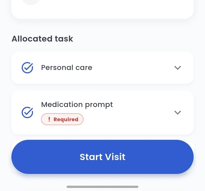 ServPatch appointment screen with assigned care tasks and Start Visit button
